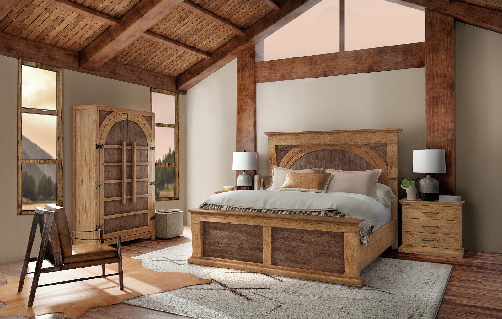 Wooden furniture bedroom set with bed, dresser, and seating area