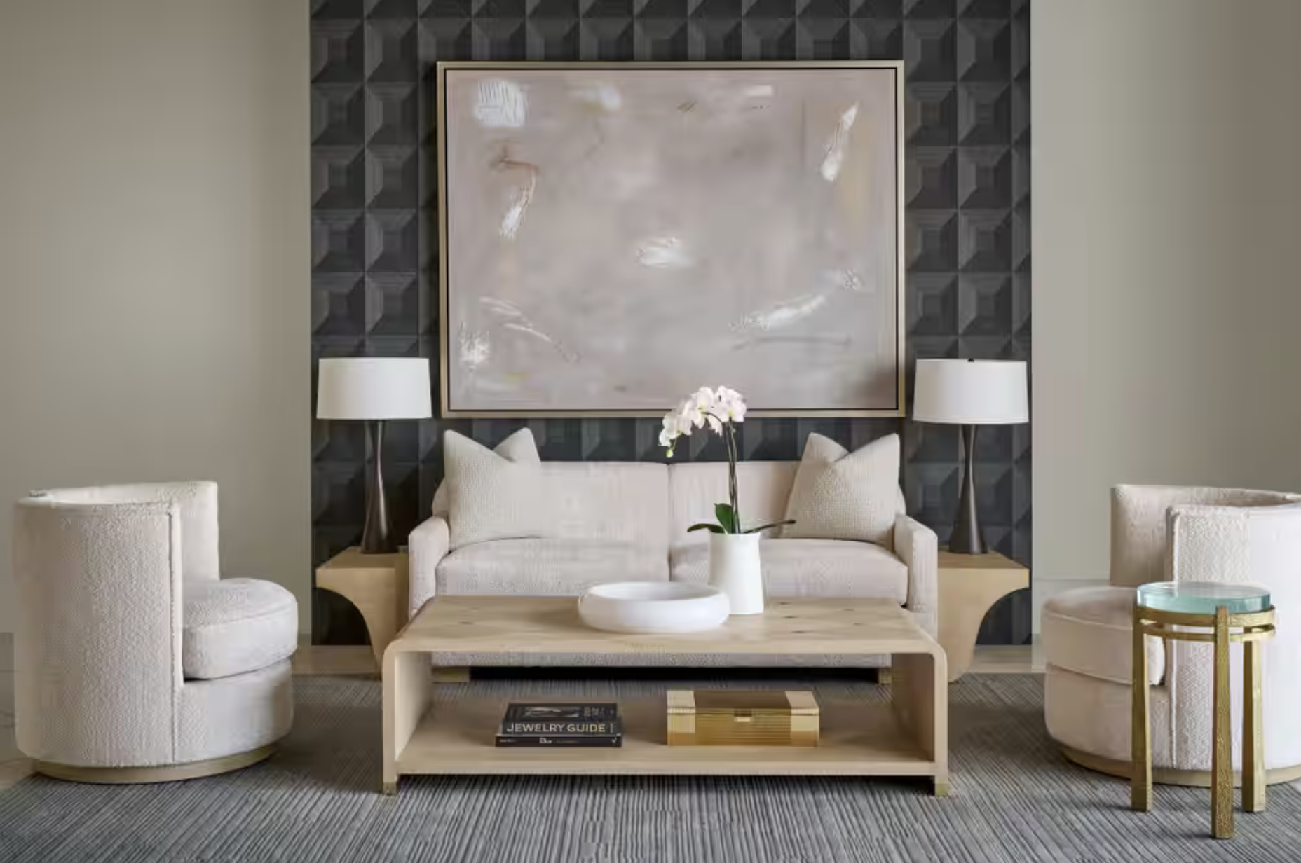 White sofa styled into a beige living room.